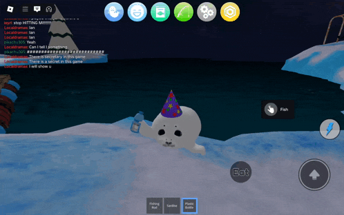 a seal wearing a party hat is holding a bottle of water in a video game