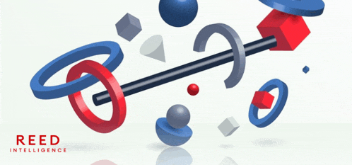 an advertisement for reed intelligence shows a barbell surrounded by various geometric shapes
