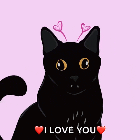 a black cat with hearts on its ears says i love you .