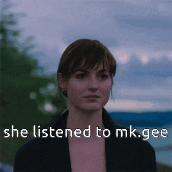a picture of a woman with the words " she listened to mk.gee "