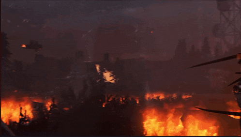a computer generated image of a burning forest with a helicopter flying overhead