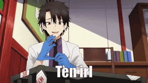 a man in a lab coat is wearing blue gloves and the word ten-irl is on the bottom