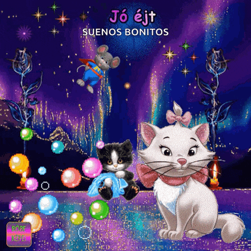 a picture of a cat and a mouse with the words jo ejt suenos bonitos above them