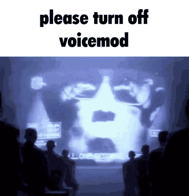 a group of people standing in front of a screen with the words please turn off voicemod
