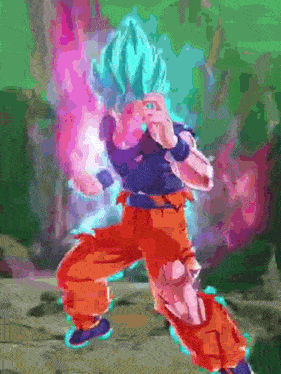 a pixel art of a cartoon character with blue hair and orange pants .