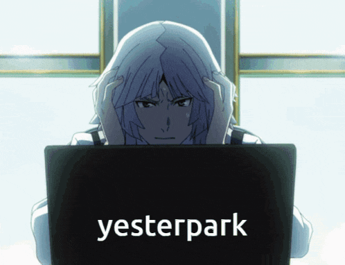 a person sitting in front of a laptop with the word yesterpark on it