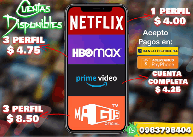a phone with netflix hbomax and prime video on the screen