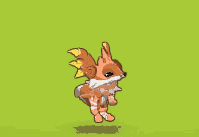 a pixel art drawing of a fox standing on a green field .