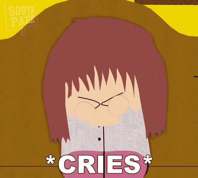 a cartoon of a girl with pink hair and the words * cries *