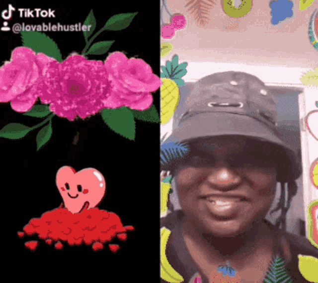 a woman wearing a hat is smiling in front of a cartoon heart and flowers