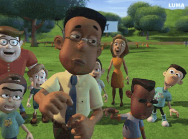 a group of cartoon characters are standing in a park and the word luma is on the bottom