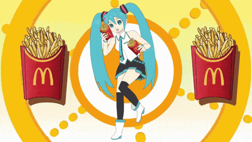a girl is holding a bag of french fries in front of a mcdonald 's container