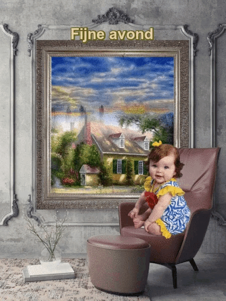 a picture of a baby in a chair with fijne avond written on the bottom