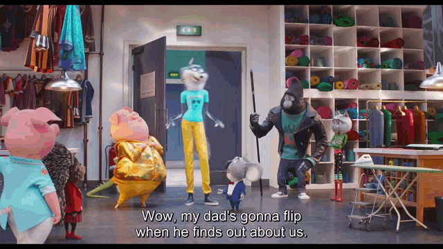 a group of cartoon characters are standing in a room and one of them is saying wow