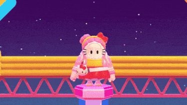 a hello kitty video game character is standing on a pink podium .