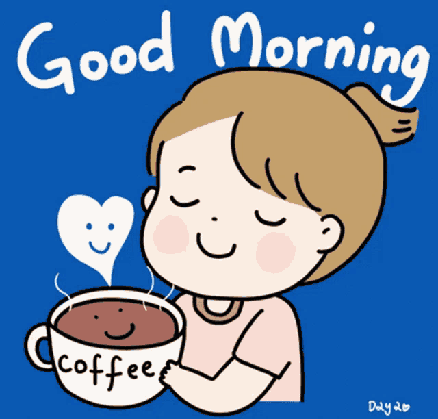 a cartoon of a girl holding a cup of coffee