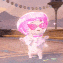 a doll wearing a pink hat and sunglasses is dancing