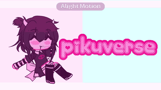 a girl with horns is sitting in front of a pink and blue background that says pikuverse