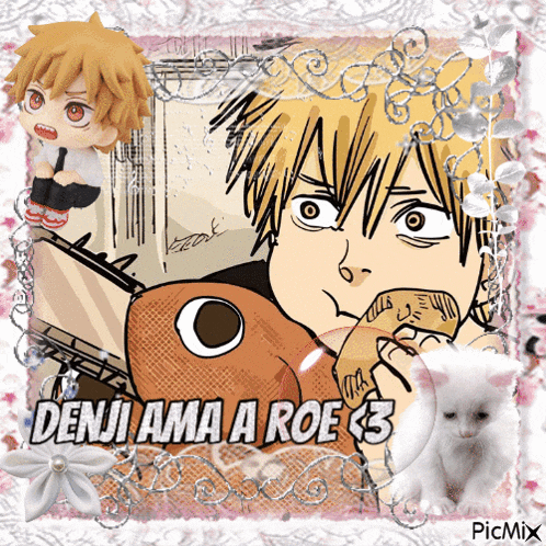 a picture of a boy and a cat with the words denji ama a roe 3