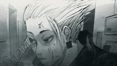 a black and white drawing of a man with a tattoo on his face