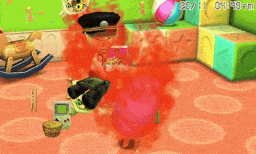 a video game screen shows a man in a police hat surrounded by toys