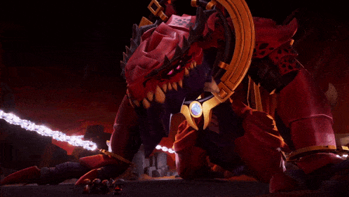 a red monster with a gold ring around its neck is in a dark room