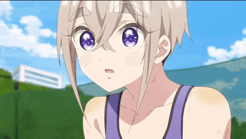 a drawing of a girl with purple eyes and a purple tank top