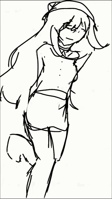 a black and white drawing of a woman with long hair and shorts
