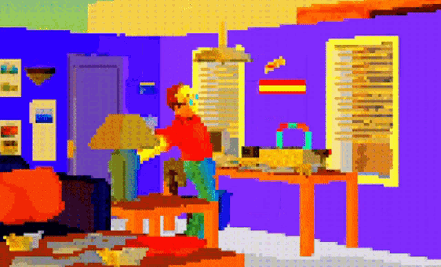 a pixel art of a man standing in front of a table