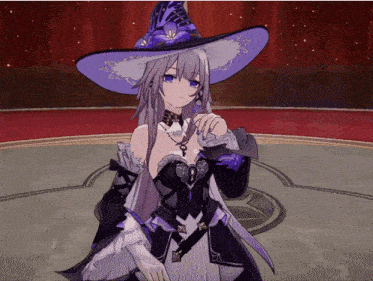 a witch with purple hair and a purple hat is standing in front of a red curtain