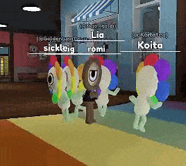 a group of cartoon characters are standing next to each other in a room with the names lia romi and koita on the screen