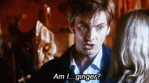 a man is talking to a woman and says `` am i ... ginger '' .