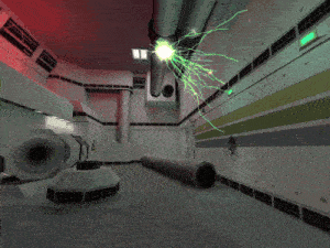 a computer generated image of a room with pipes and a red light on the wall