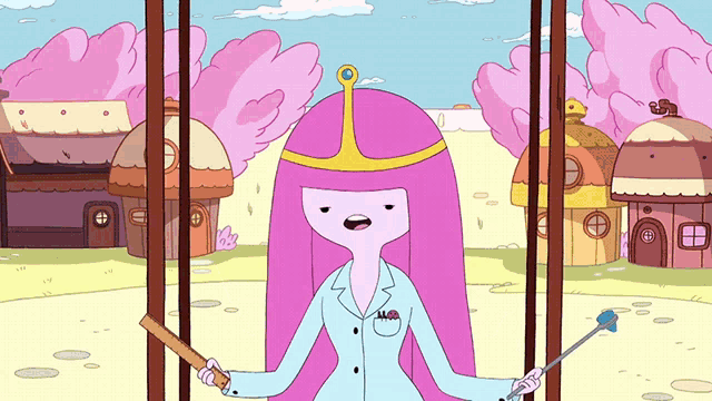 a cartoon character with pink hair and a crown is holding a stick