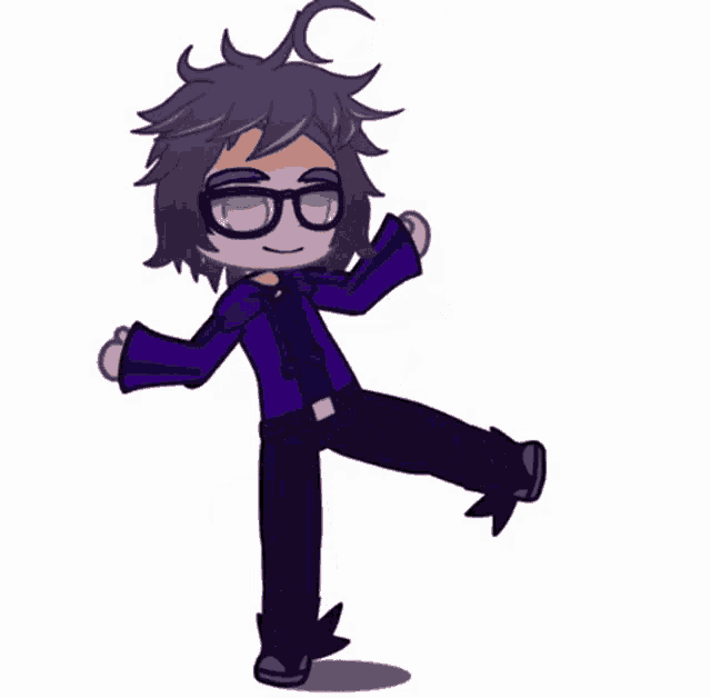 a cartoon character with glasses and purple hair is standing on one leg .