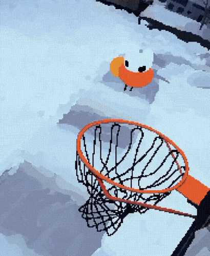 a pixel art drawing of a basketball hoop in a snowy field