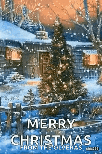 a merry christmas greeting card with a christmas tree in front of a house in the snow
