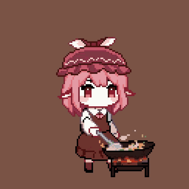 a pixel art drawing of a girl with pink hair holding a ladle