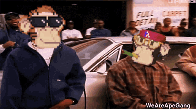 a pixelated image of a group of men standing in front of a car with a sign that says full detail