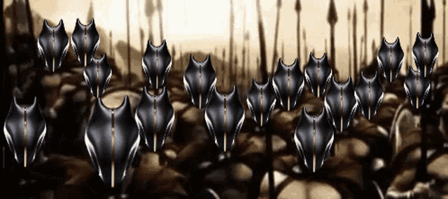 a row of black shields are lined up in front of a blurred background