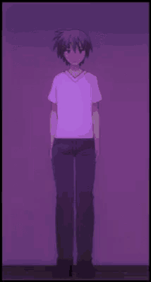 a young man in a white shirt and black pants is standing in front of a wall