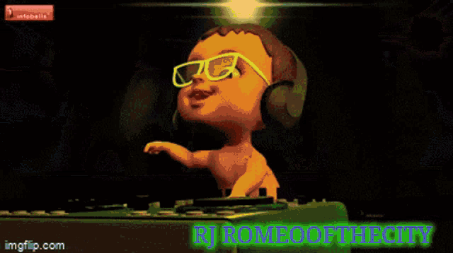 a baby in a diaper is dancing in front of a black background with the words rj romboofthecity on it