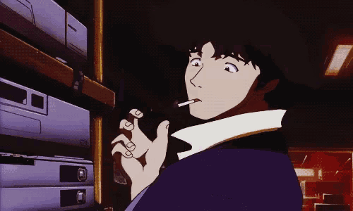 a cowboy bebop character is smoking a cigarette in a dark room