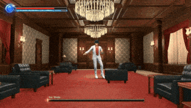 a man in a white suit and red tie is dancing in a room with kaiji shinoda written on the bottom right