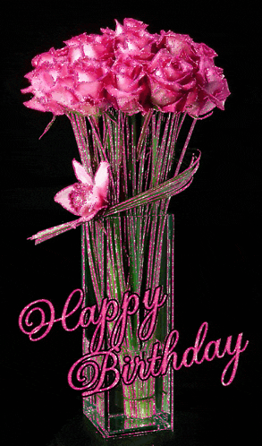 a bouquet of pink roses in a vase with the words happy birthday