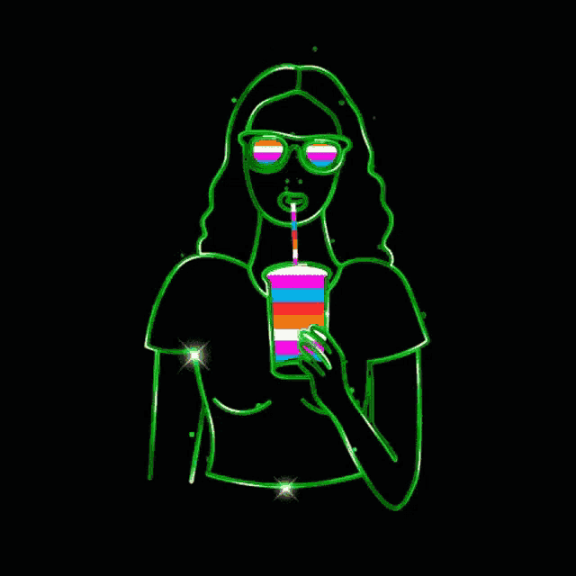 a neon drawing of a woman drinking a rainbow colored drink through a straw .