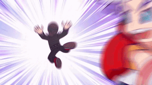 a cartoon character is flying through the air while another character is standing behind him .