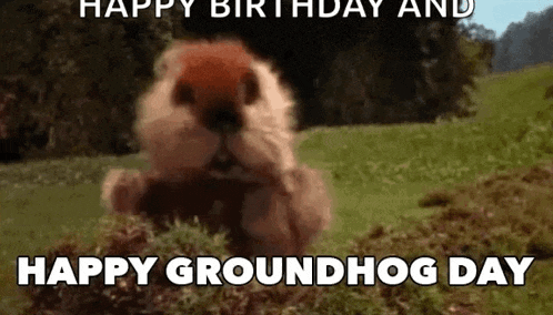a groundhog is crawling out of a hole in the ground and says `` happy birthday and happy groundhog day '' .