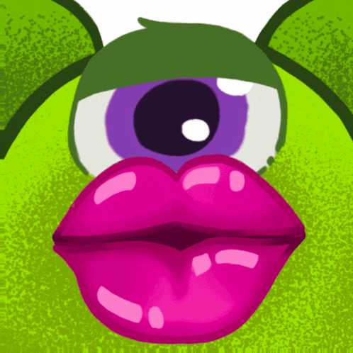 a green monster with pink lips and a big eye