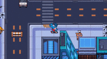 a pixel art drawing of a man riding a skateboard down a street